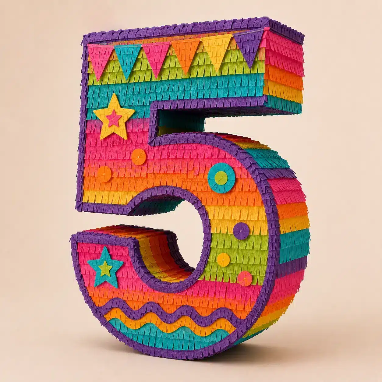 Adult & Milestone Piñatas – Custom Number Colorful number five piñata concept for a milestone birthday.