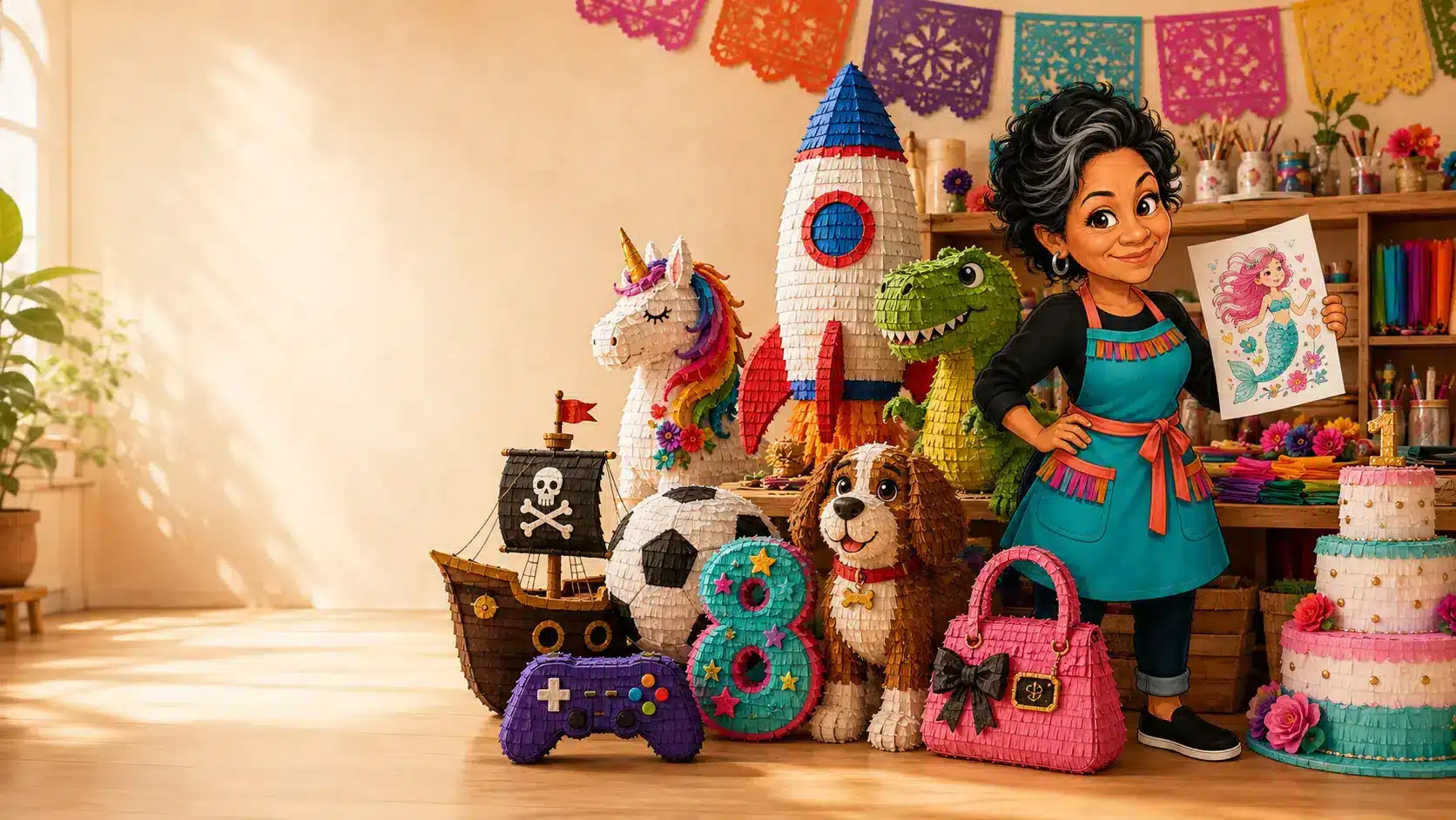 Nana’s Custom Piñata Collection Nana standing fully visible with a colorful collection of handmade custom piñata concepts.