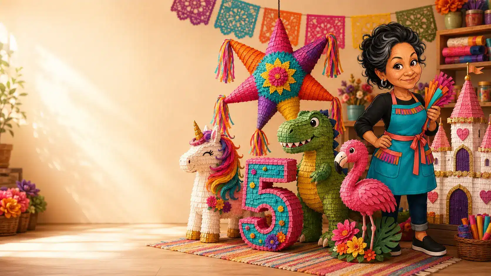 Nana's Wild Custom Piñata Ideas Nana surrounded by colorful custom piñata ideas including a unicorn, number, dinosaur, and flamingo.