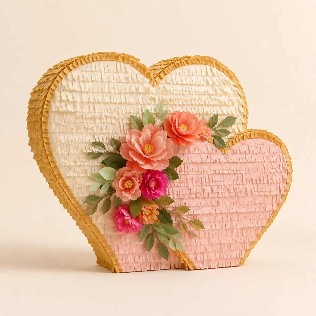 Wedding & Anniversary Piñatas – Double Hearts Two intertwined heart-shaped piñata concepts with cream, blush, gold, and floral accents.