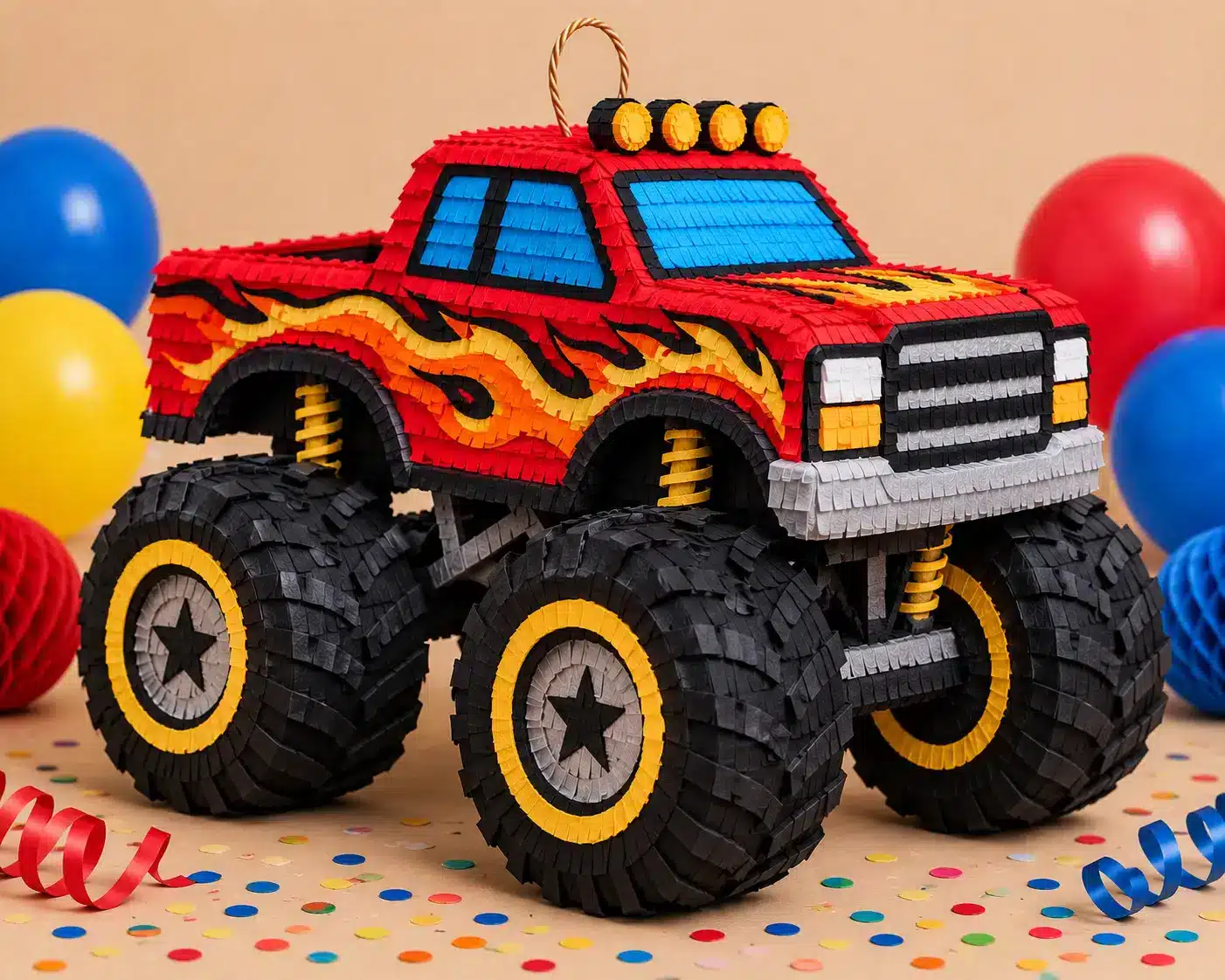 Cars Trucks and Vehicle Piñatas Colorful handmade monster truck piñata concept.