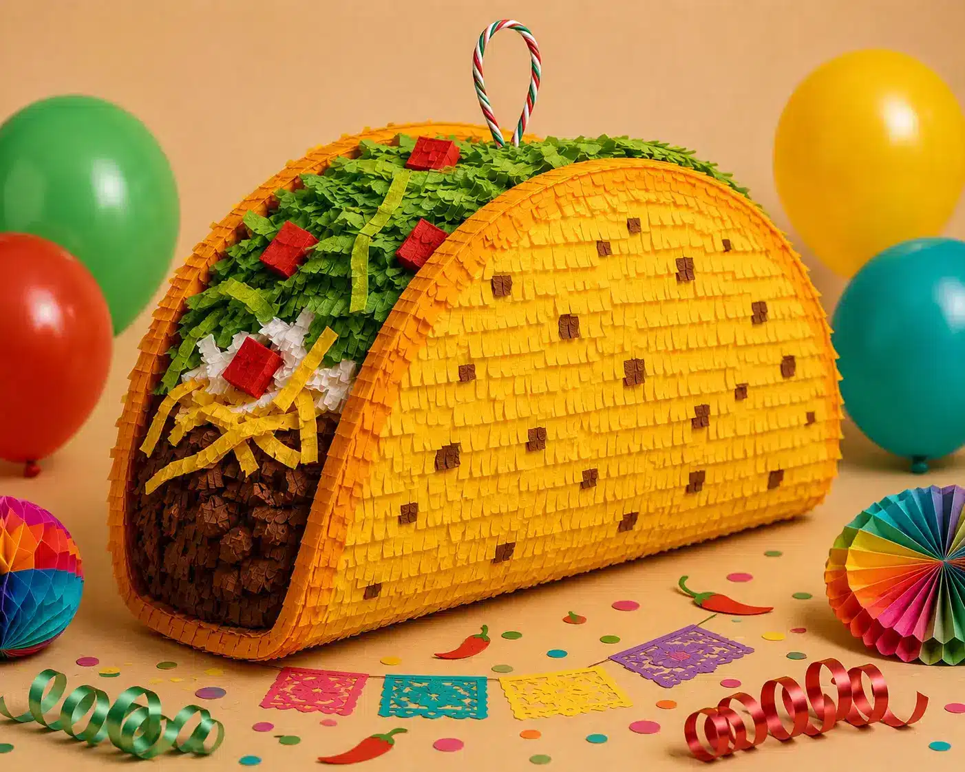 Food and Drink Piñatas Festive handmade taco piñata concept.