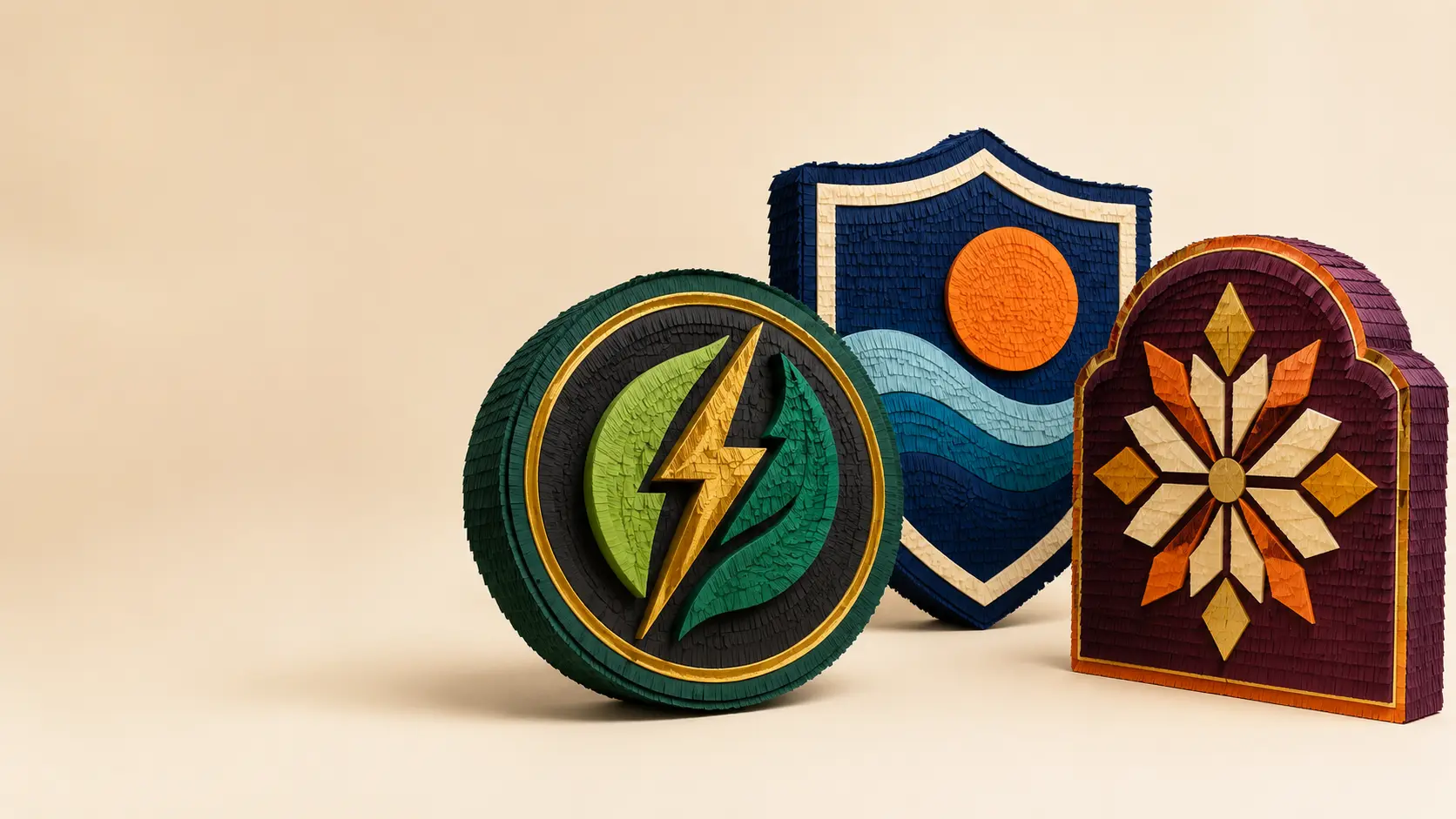 Three abstract corporate-style medallion piñata concepts.