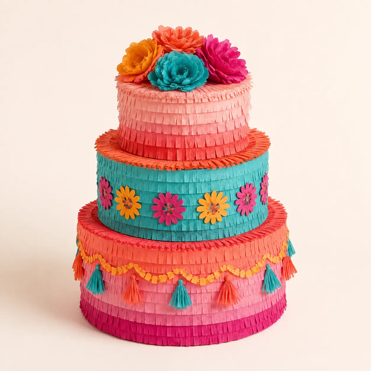 Birthday Piñatas – Handmade Cake Design Colorful three-tier birthday cake piñata concept with fringed flowers.