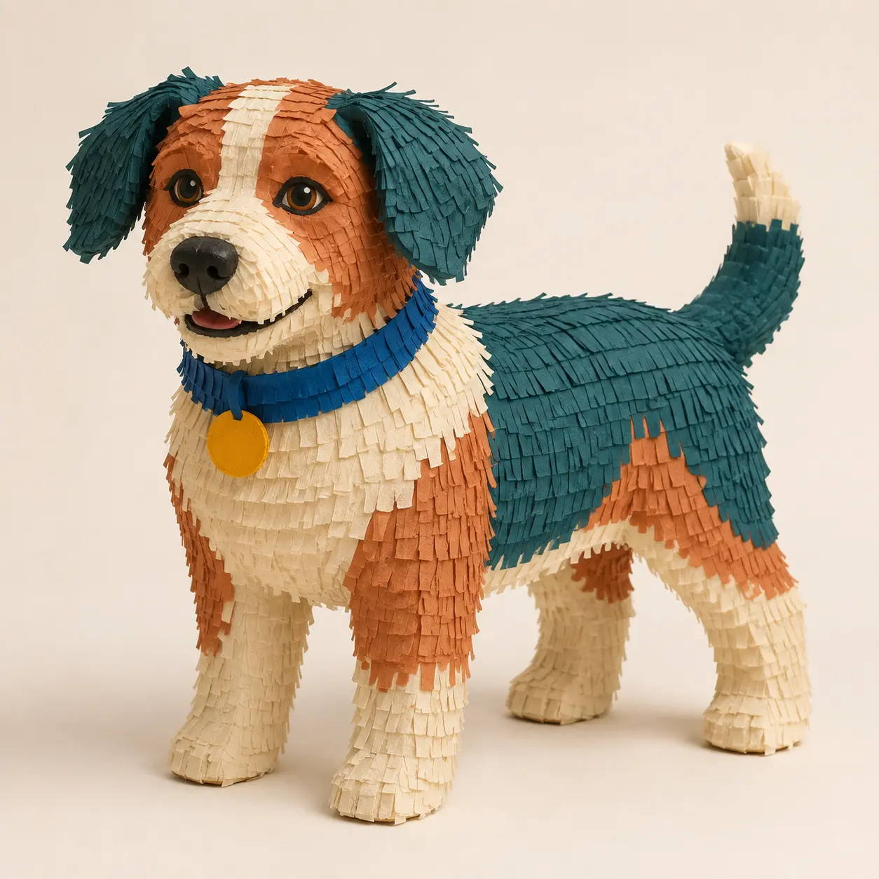 Pet Piñatas – Custom Dog Design Custom dog piñata concept with brown, white, and teal fringe.