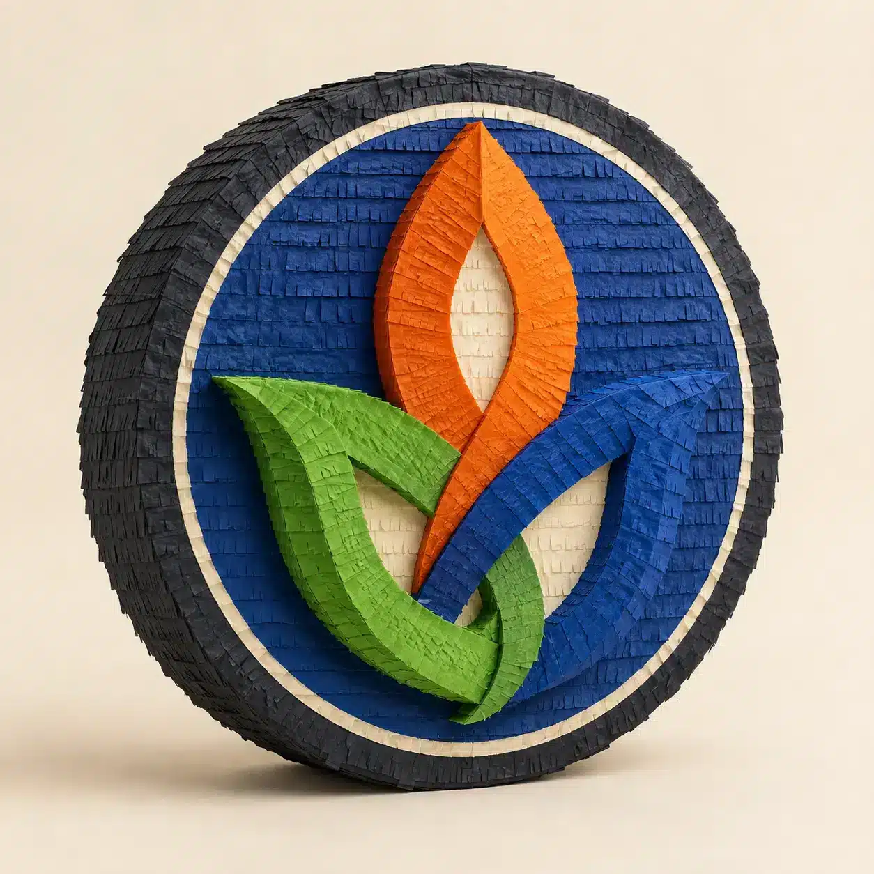 Corporate & Logo Piñatas – Custom Medallion Geometric corporate-logo medallion piñata concept in navy, orange, green, and white.