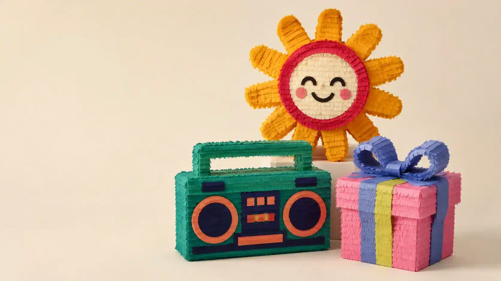 Oversized and Specialty Piñatas Collection of unusual custom sun, boombox, and gift piñata concepts.