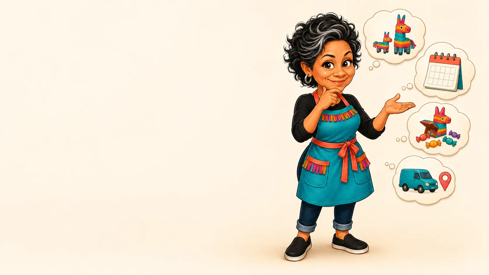 Nana considering piñata design, scheduling, delivery, and event questions.