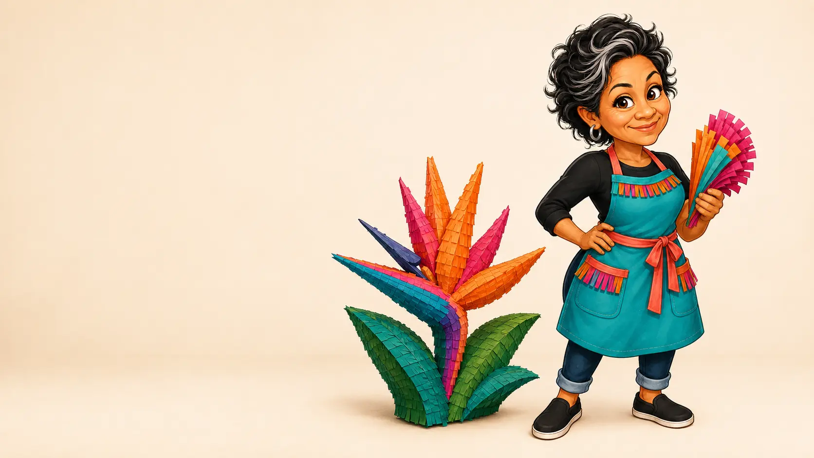 Meet Nana – Piñata Artisan Nana standing beside a colorful bird-of-paradise flower piñata concept.