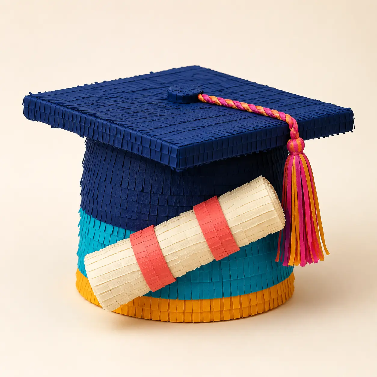 Graduation Piñatas – Cap and Diploma Navy graduation-cap and diploma piñata concept with colorful fringe.