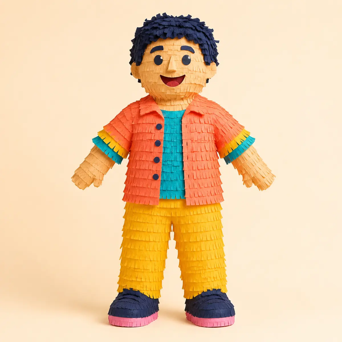 People and Personalized Piñatas – Person-Shaped Piñata Colorful handmade full-body person-shaped piñata with coral, turquoise, yellow, and navy tissue-paper fringe.