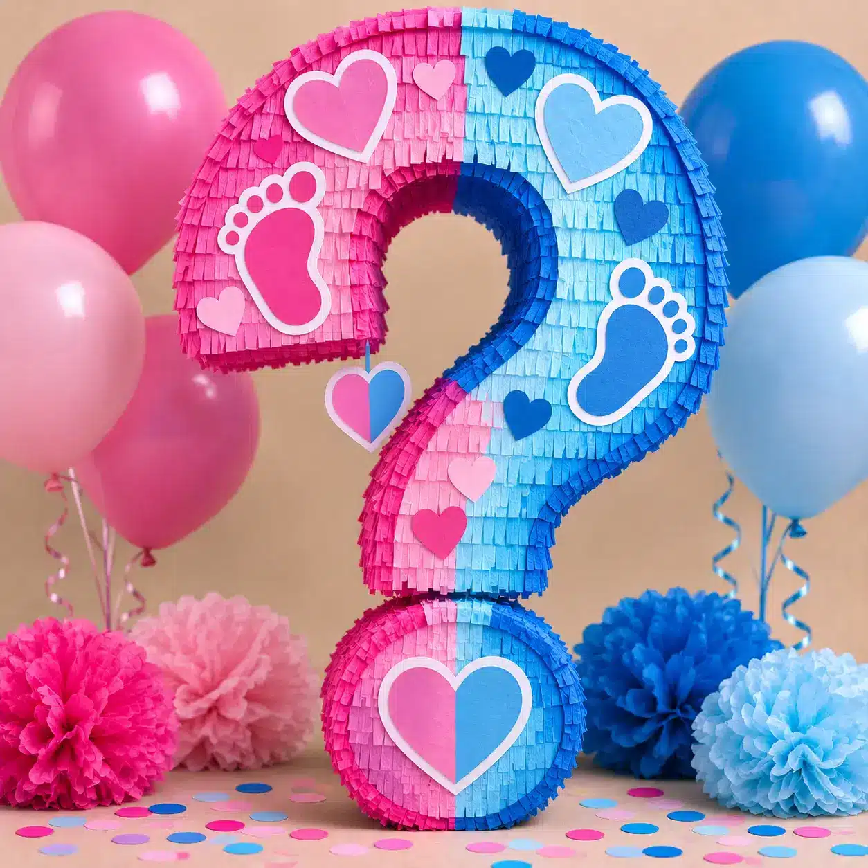 Baby Shower & Gender-Reveal Piñatas Pink-and-blue question-mark piñata concept for a baby shower or gender reveal.