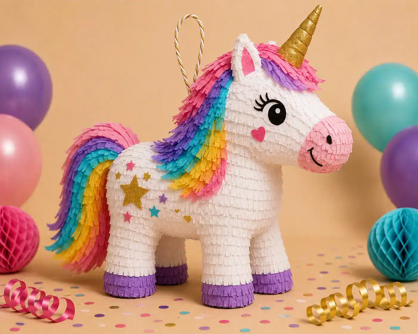 Rainbow Unicorn Piñata Party Scene Colorful rainbow unicorn piñata displayed for a festive birthday celebration.