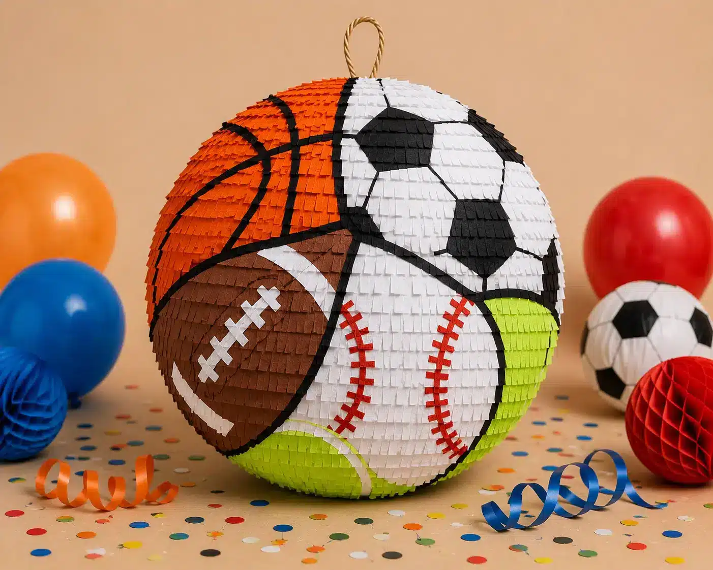 Sports and Mascot Piñatas Colorful sports ball piñata concept for team celebrations.