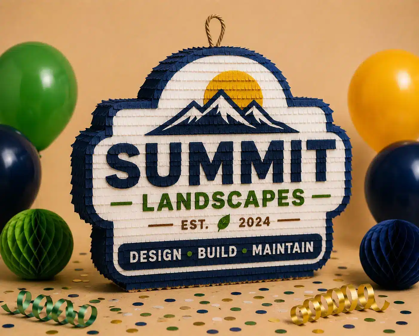 Custom Business Logo Piñata A branded Summit Landscapes logo transformed into a handmade piñata display.